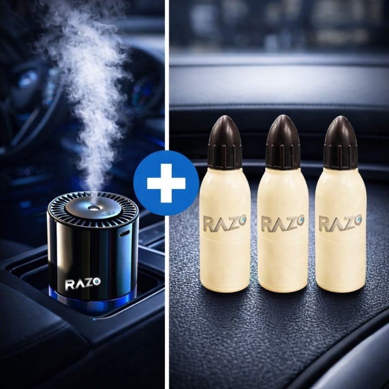 Pachet difuzor inteligent de parfum auto RAZO cu 3 odorizante incluse 160 ml, 4 niveluri de pulverizare, reincarcare USB