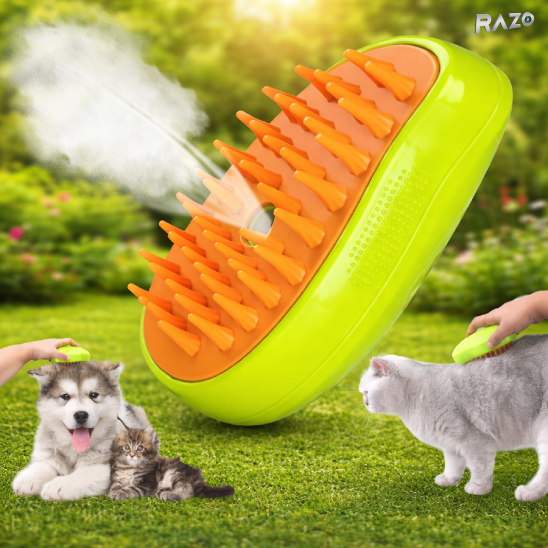 Perie 3 in 1 RAZO pentru animale de companie cu functie de pulverizare, masaj si curatare, ideala pentru pisici si caini, reincarcabila USB