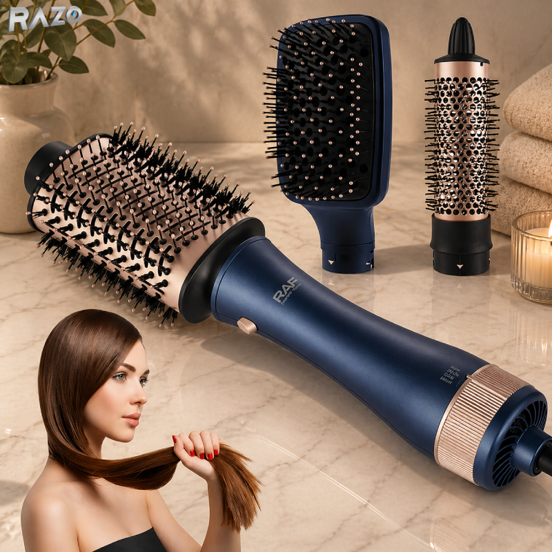 Perie electrica 3 in 1 pentru coafat parul 1200W RAZO, 3 accesorii, Uscare, indreptare si ondulare rapida, 3 trepte temperatura, 2 viteze, Protectie supraincalzire, Design ergonomic, Cablu rotativ 360