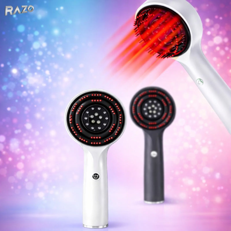 Perie electrica RAZO pentru masaj scalp cu vibratii 360°, lumina LED rosie, 3 moduri, reincarcabila USB, pentru relaxare si stimularea circulatiei, alb