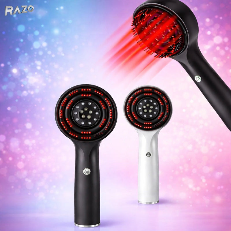Perie electrica RAZO pentru masaj scalp cu vibratii 360°, lumina LED rosie, 3 moduri, reincarcabila USB, pentru relaxare si stimularea circulatiei, negru
