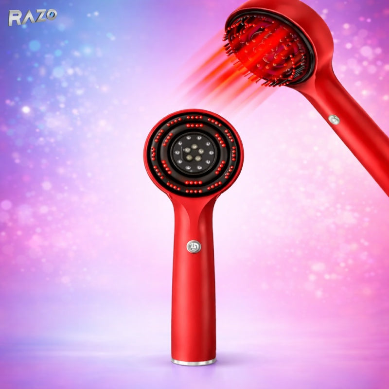 Perie electrica RAZO pentru masaj scalp cu vibratii 360°, lumina LED rosie, 3 moduri, reincarcabila USB, pentru relaxare si stimularea circulatiei, rosu