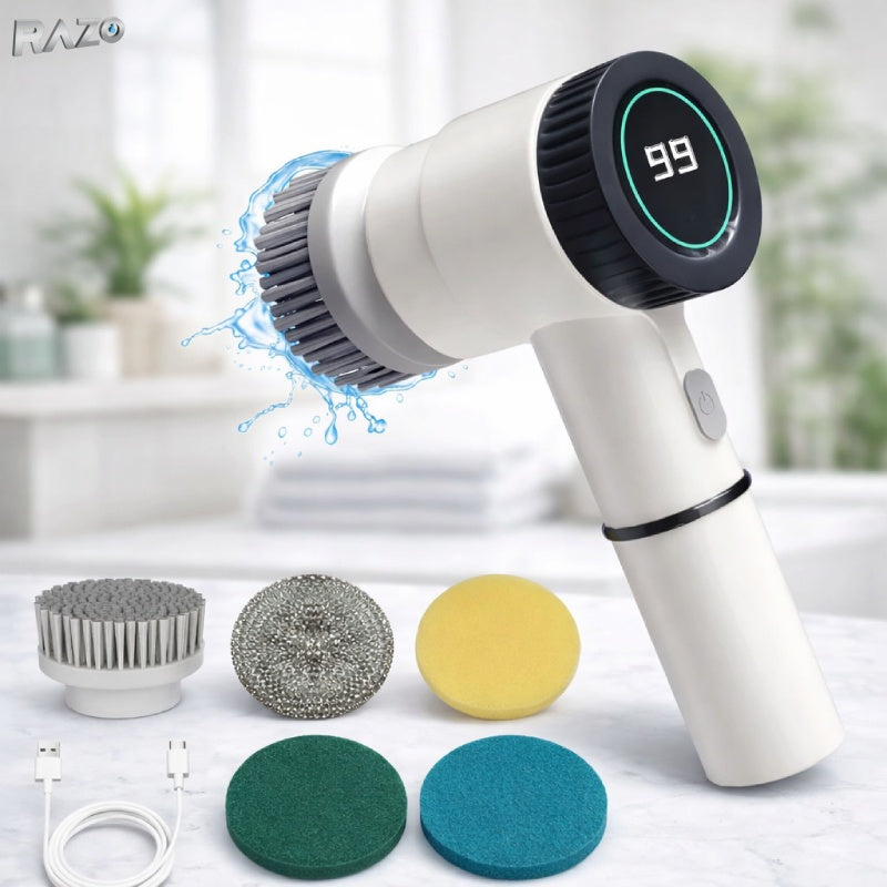 Perie electrica de curatare 5 in 1 RAZO, reincarcabila USB, 3 viteze, 5 capete interschimbabile, rotatie 360°, baterie 1200mAh
