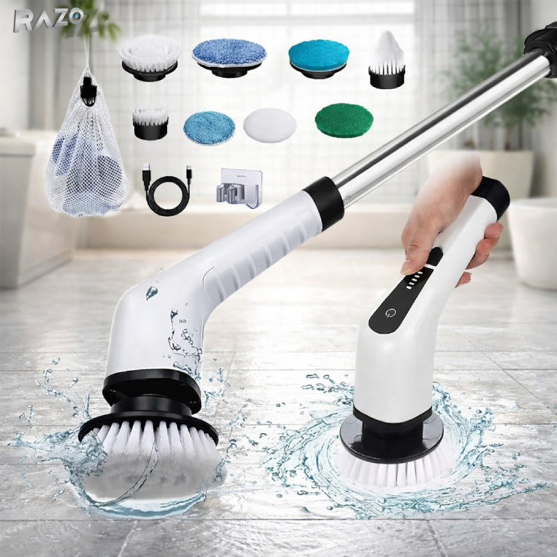 Perie electrica rotativa RAZO 9 in 1, putere 25W, brat telescopic, 9 capete interschimbabile, reincarcabila USB Type-C, ideala pentru curatarea baii si bucatariei
