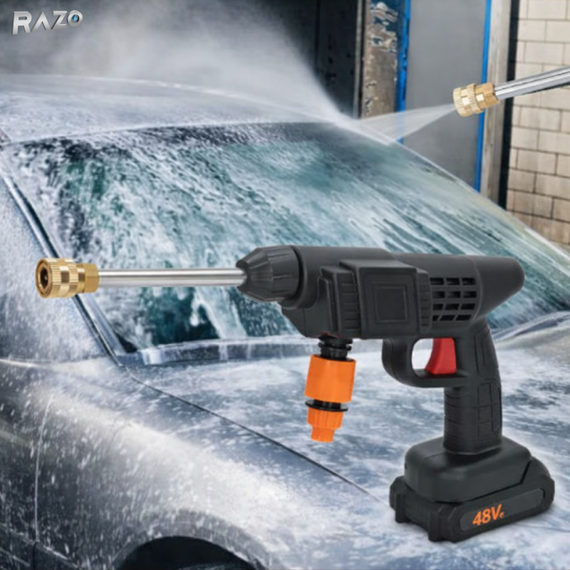 Pistol de spalat portabil cu presiune 2 acumulatori RAZO, Jet apa puternic, Functie spumare, Acumulatori reincarcabili, Multifunctional
