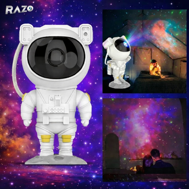 Proiector laser Astronaut RAZO cu efect de aurore boreale si stele, rotatie 360°, telecomanda inclusa, temporizator si luminozitate reglabila, alimentare USB, alb

