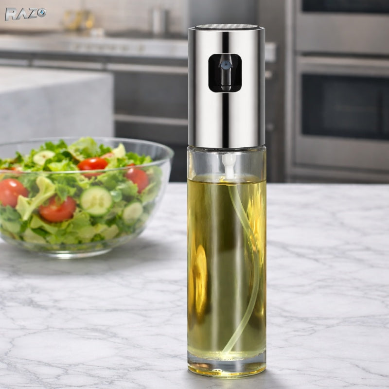 Pulverizator ulei RAZO din otel inoxidabil si sticla, pulverizare fina si dozare precisa, fara BPA, reutilizabil, ideal pentru ulei de masline, otet, air fryer si salate, design ergonomic