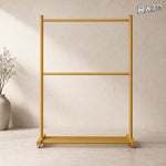 Suport vertical haine RAZO, Metalic, Pliabil, 2 bare pentru umerase, Raft inferior, Capacitate 70 kg, Design modern pentru dormitor, dressing, 100x40x185 cm, Auriu