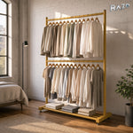 Suport vertical haine RAZO, Metalic, Pliabil, 2 bare pentru umerase, Raft inferior, Capacitate 70 kg, Design modern pentru dormitor, dressing, 100x40x185 cm, Auriu