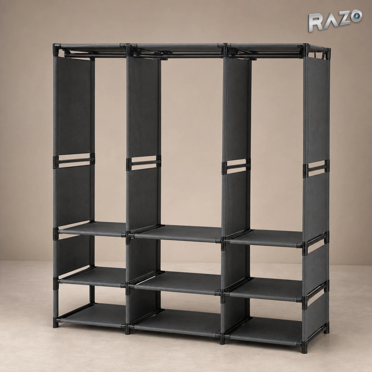 Dulap organizator haine cu rafturi si bara umerase RAZO, Design practic, Multifunctional, 170x130x36 cm, Negru