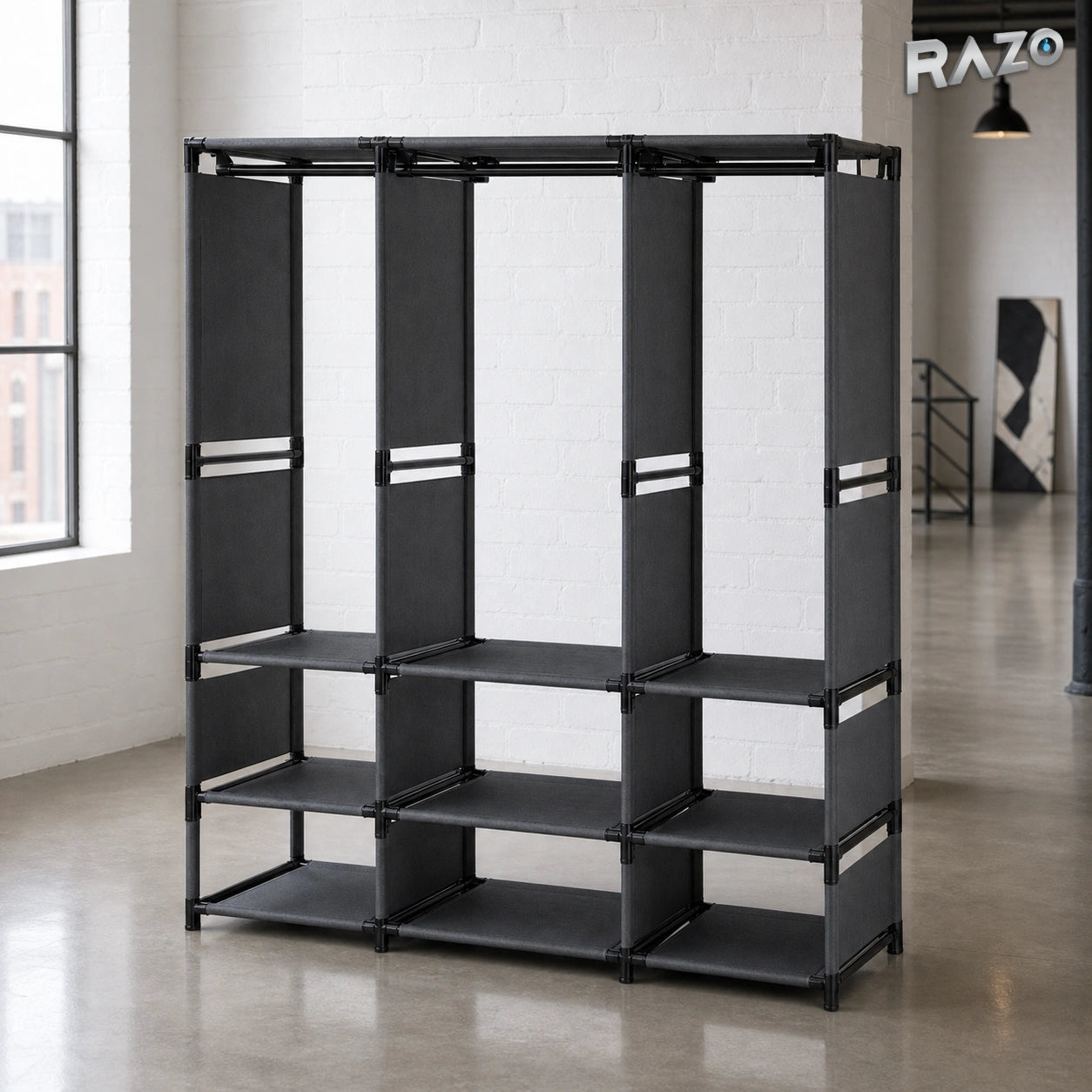 Dulap organizator haine cu rafturi si bara umerase RAZO, Design practic, Multifunctional, 170x130x36 cm, Negru
