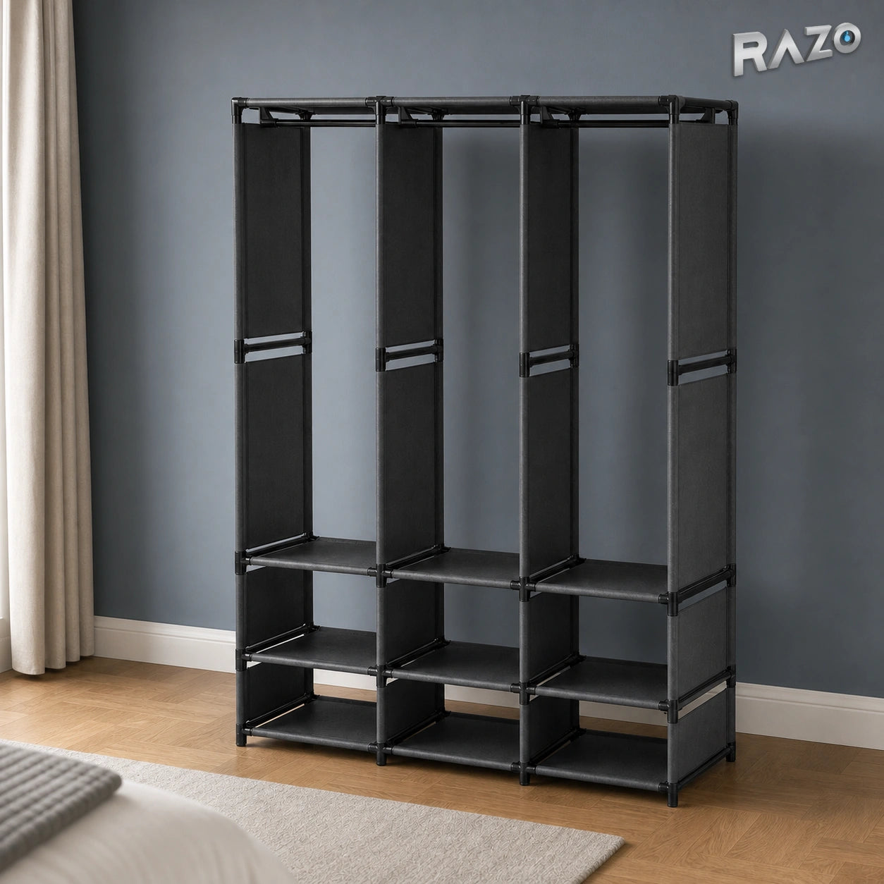 Dulap organizator haine cu rafturi si bara umerase RAZO, Design practic, Multifunctional, 170x130x36 cm, Negru