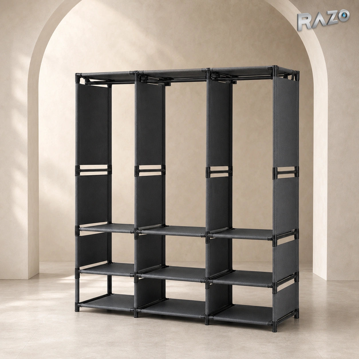 Dulap organizator haine cu rafturi si bara umerase RAZO, Design practic, Multifunctional, 170x130x36 cm, Negru