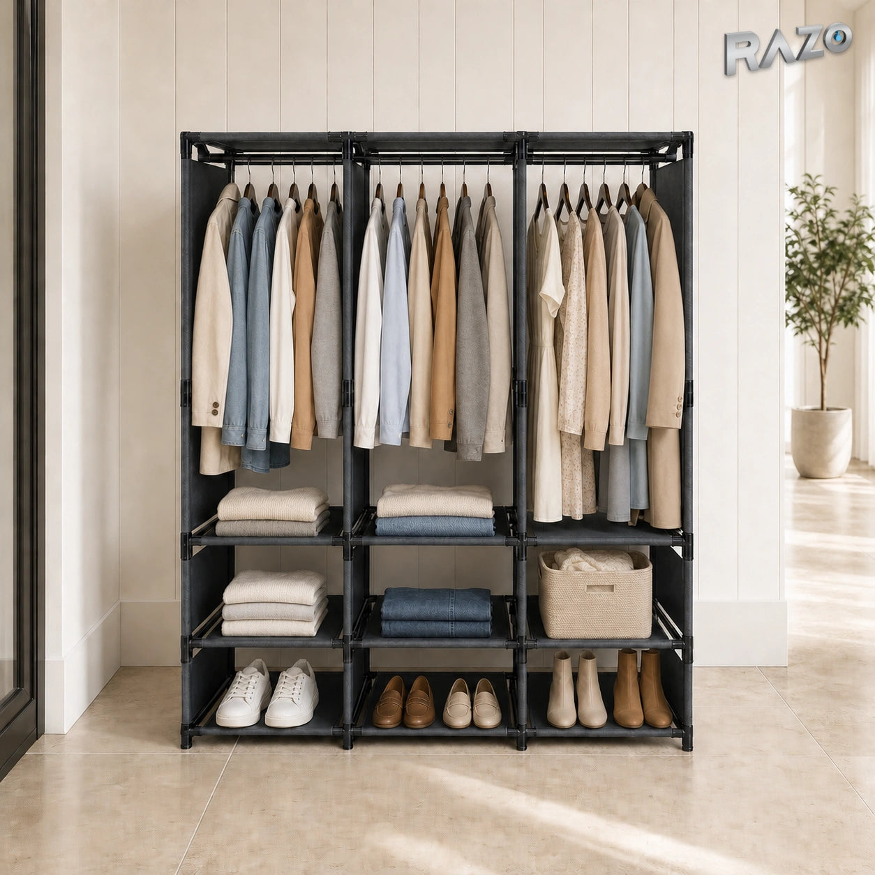 Dulap organizator haine cu rafturi si bara umerase RAZO, Design practic, Multifunctional, 170x130x36 cm, Negru