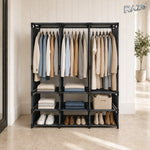 Dulap organizator haine cu rafturi si bara umerase RAZO, Design practic, Multifunctional, 170x130x36 cm, Negru