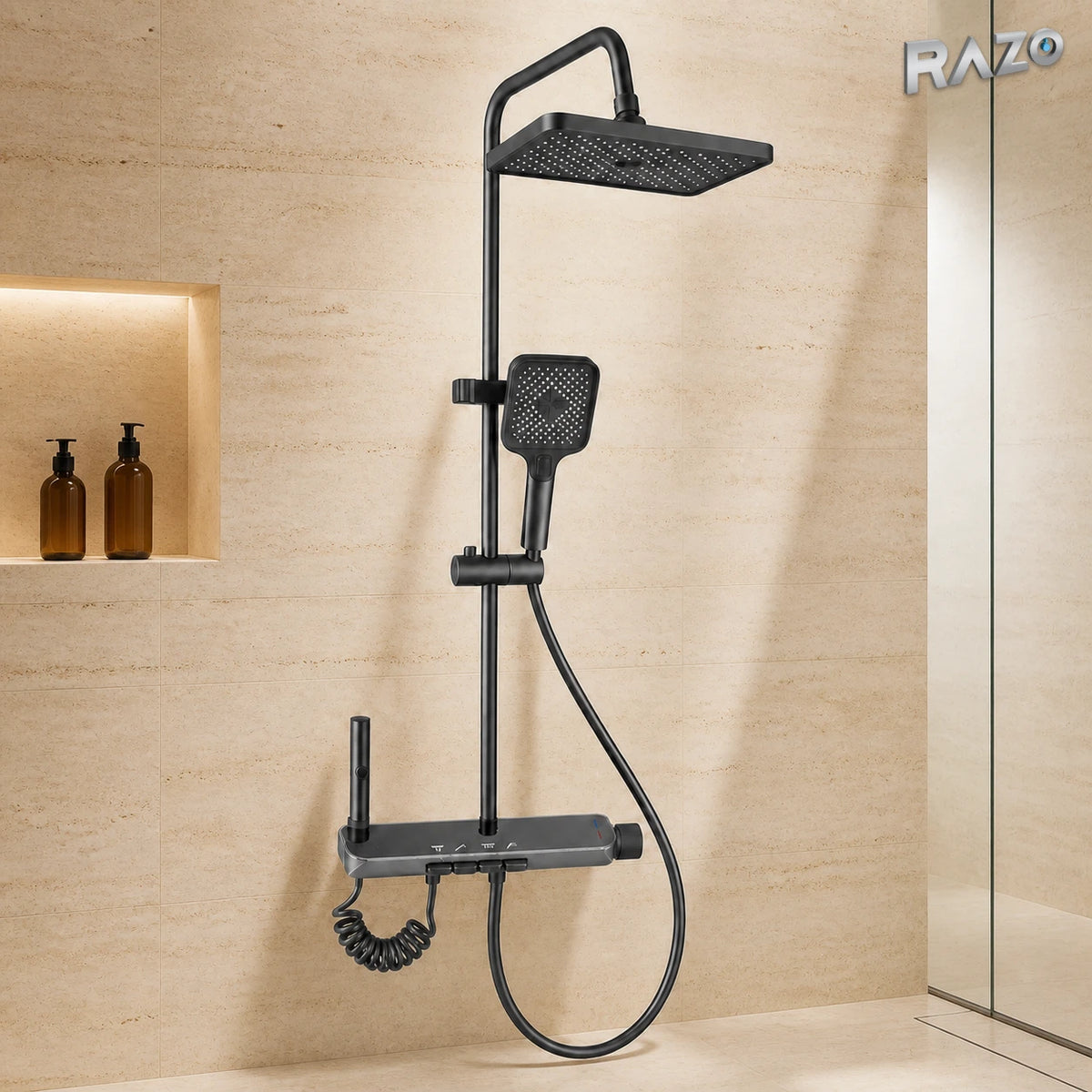 Set dus modern cu afisaj digital si stelute albastre RAZO, functie ploaie, LED, Para dus, Presiune ridicata, Montare pe perete