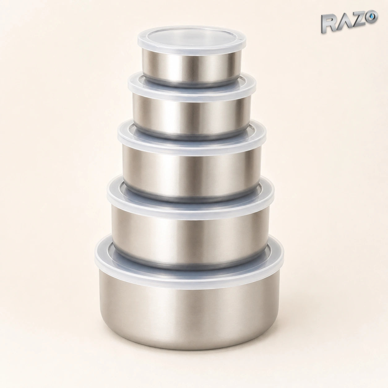 Set 5 caserole rotunde din inox cu capace, 10–18 cm - imagine produs 1