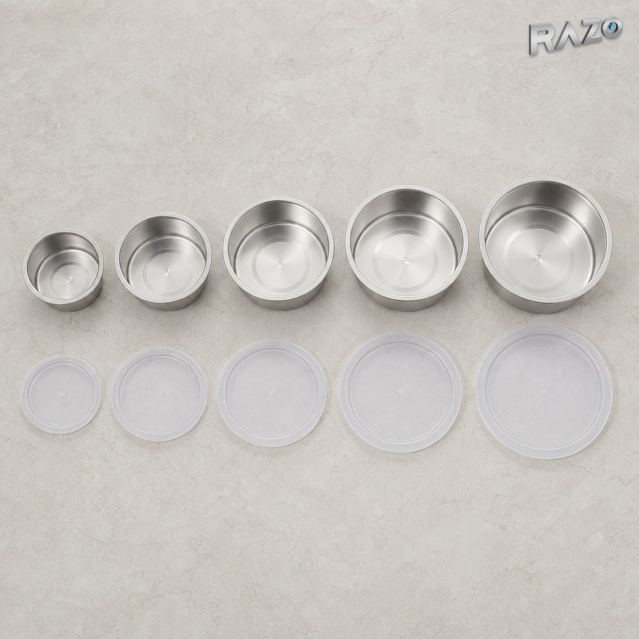 Set 5 caserole rotunde din inox cu capace, 10–18 cm - imagine produs 2