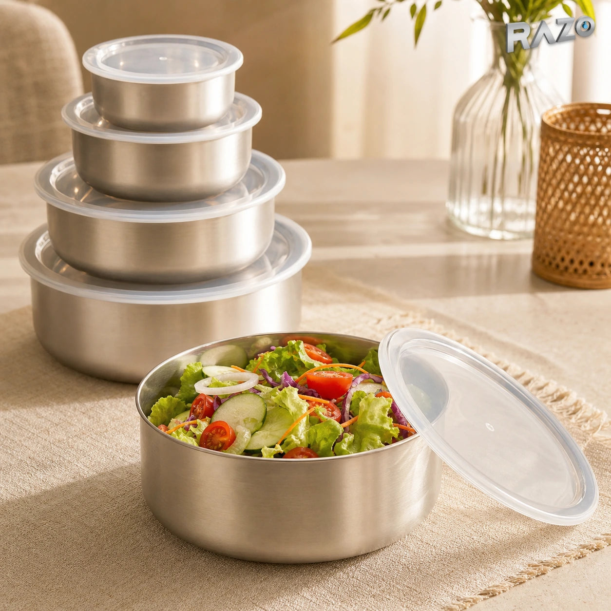 Set 5 caserole rotunde din inox cu capace, 10–18 cm - imagine produs 5