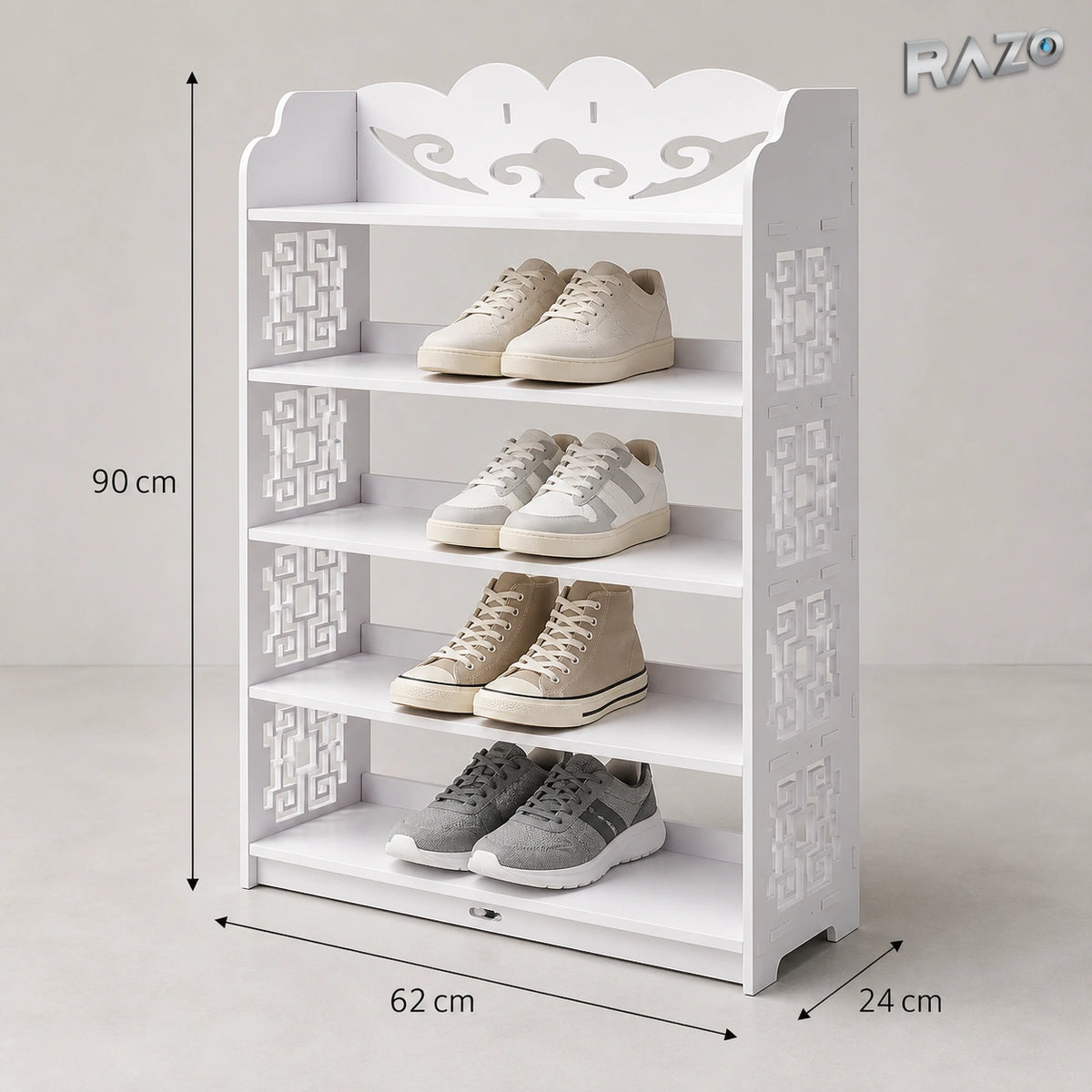 Pantofar din Forex cu 5 rafturi, panouri traforate și coronament decorativ, alb