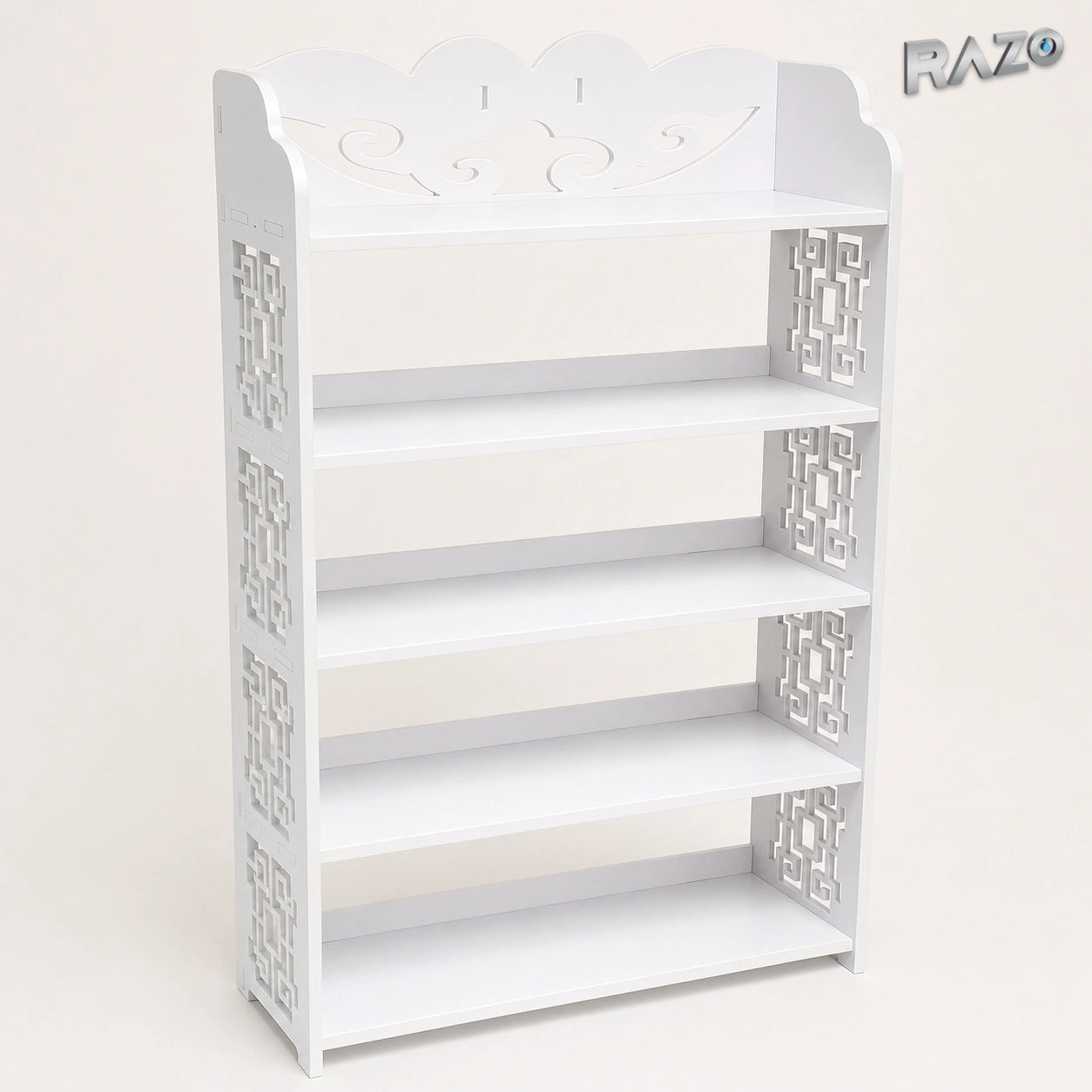 Pantofar RAZO din lemn alb cu 5 rafturi și design traforat, 62 x 24 x 90 cm - imagine produs 1