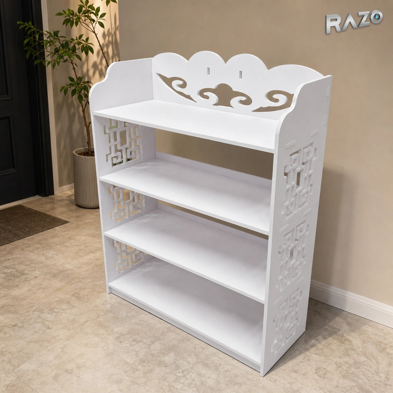 Pantofar RAZO din lemn alb cu 5 rafturi și design traforat, 62 x 24 x 90 cm - imagine produs 4