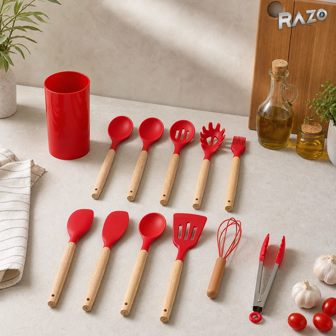 Set 12 piese ustensile de bucătărie din silicon RAZO, cu suport, Rosu
