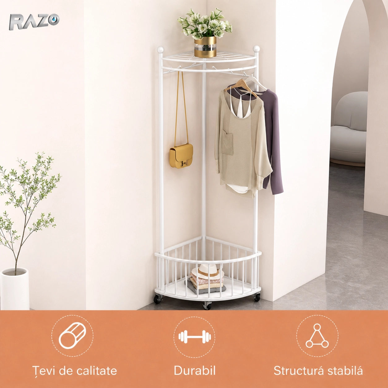 Cuier de colț cu roți RAZO, metalic, suport haine multifuncțional, design compact, 40 × 40 × 160 cm, alb - imagine produs 2