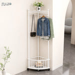 Cuier de colț cu roți RAZO, metalic, suport haine multifuncțional, design compact, 40 × 40 × 160 cm, alb - imagine produs 3