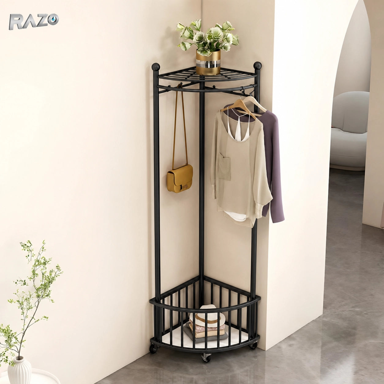 Cuier de colț cu roți RAZO, metalic, suport haine multifuncțional, design compact, stabil, negru - imagine produs 1