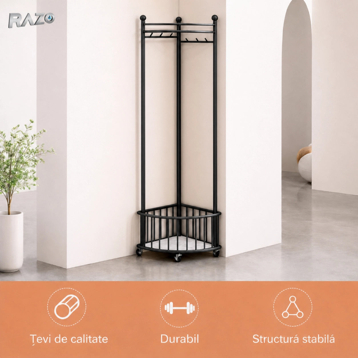 Cuier de colț cu roți RAZO, metalic, suport haine multifuncțional, design compact, stabil, negru - imagine produs 2