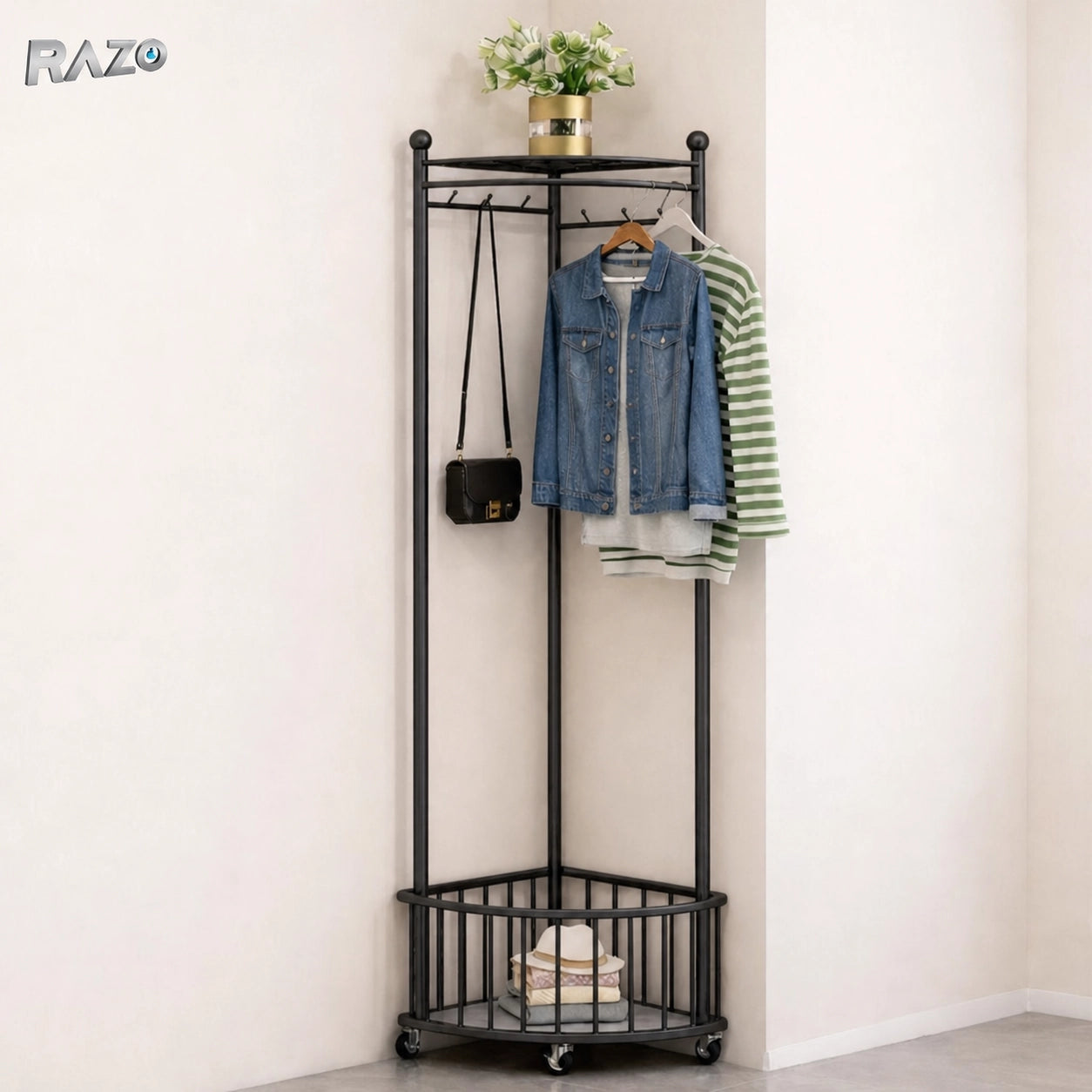 Cuier de colț cu roți RAZO, metalic, suport haine multifuncțional, design compact, stabil, negru - imagine produs 3
