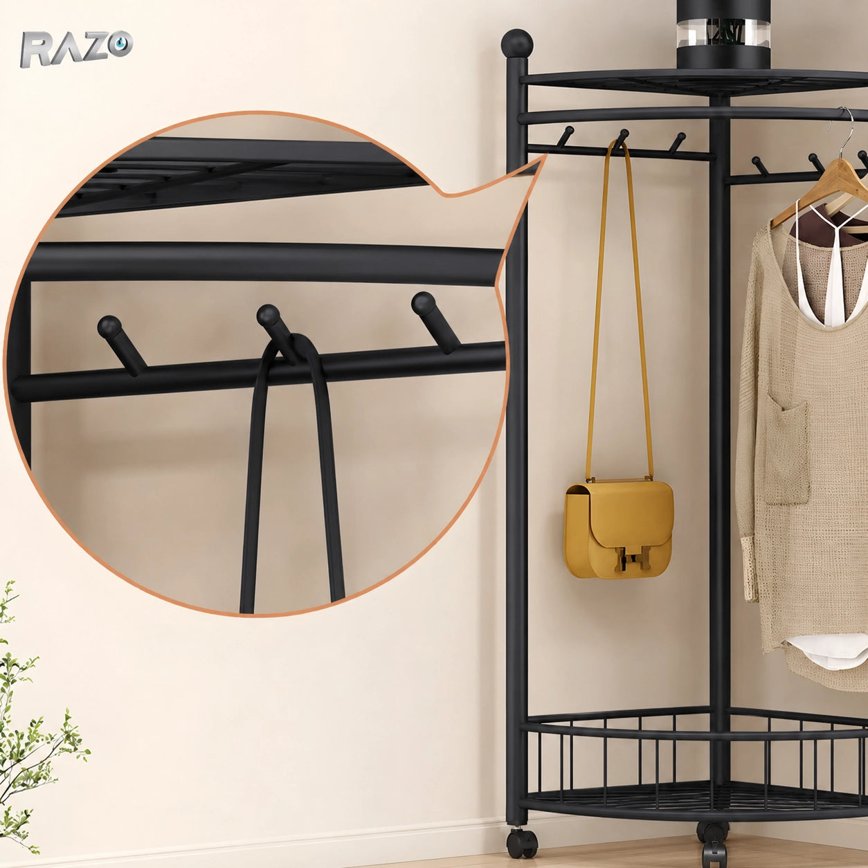 Cuier de colț cu roți RAZO, metalic, suport haine multifuncțional, design compact, stabil, negru - imagine produs 5