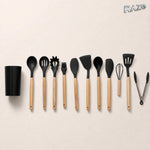 Set 12 piese ustensile de bucătărie din silicon RAZO, cu suport, Negru