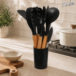 Set 12 piese ustensile de bucătărie din silicon RAZO, cu suport, Negru