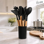Set 12 piese ustensile de bucătărie din silicon RAZO, cu suport, Negru