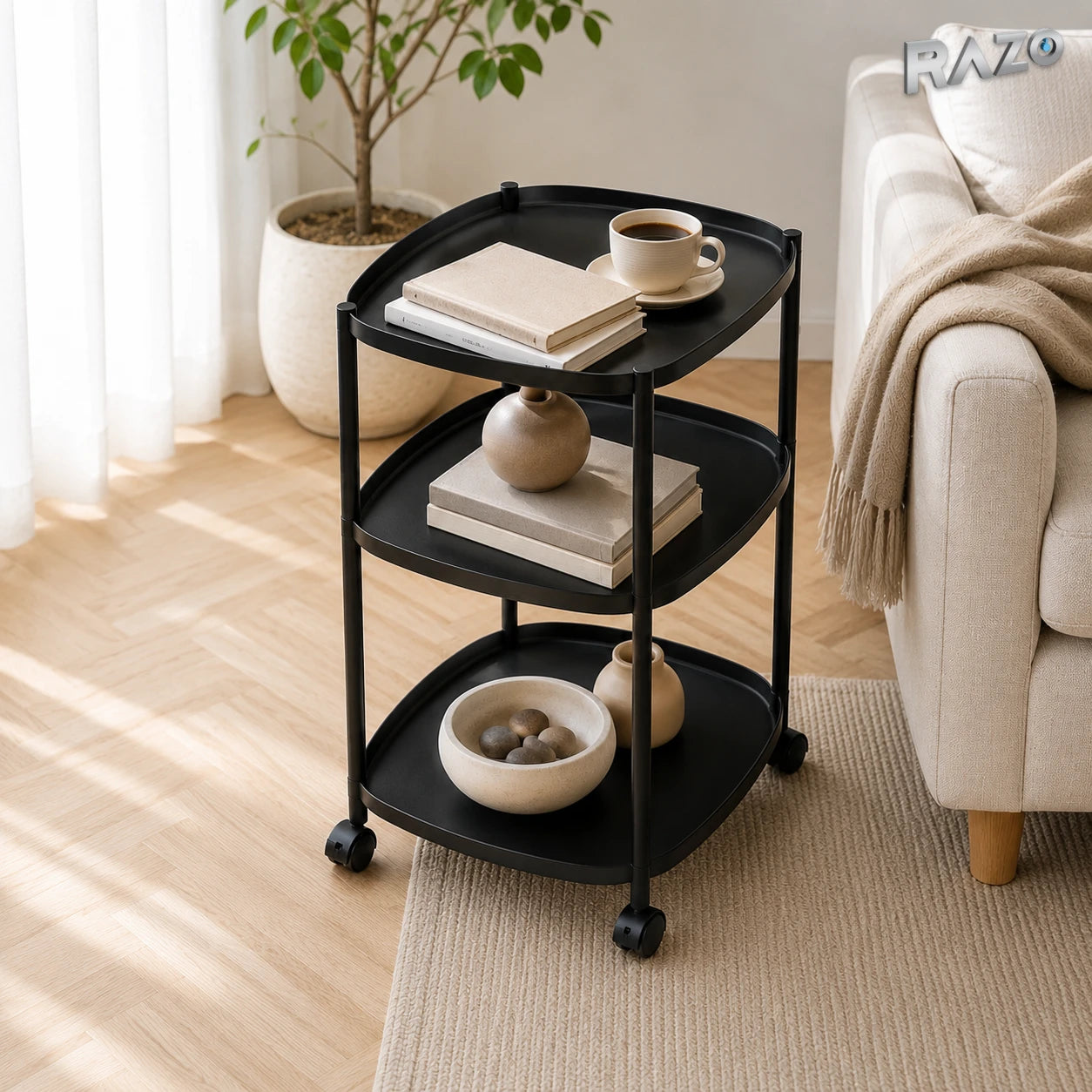 Măsuță organizatoare mobilă RAZO din plastic, 3 niveluri, cu roți cu frână, 83 × 38,5 × 38,5 cm,  Negru