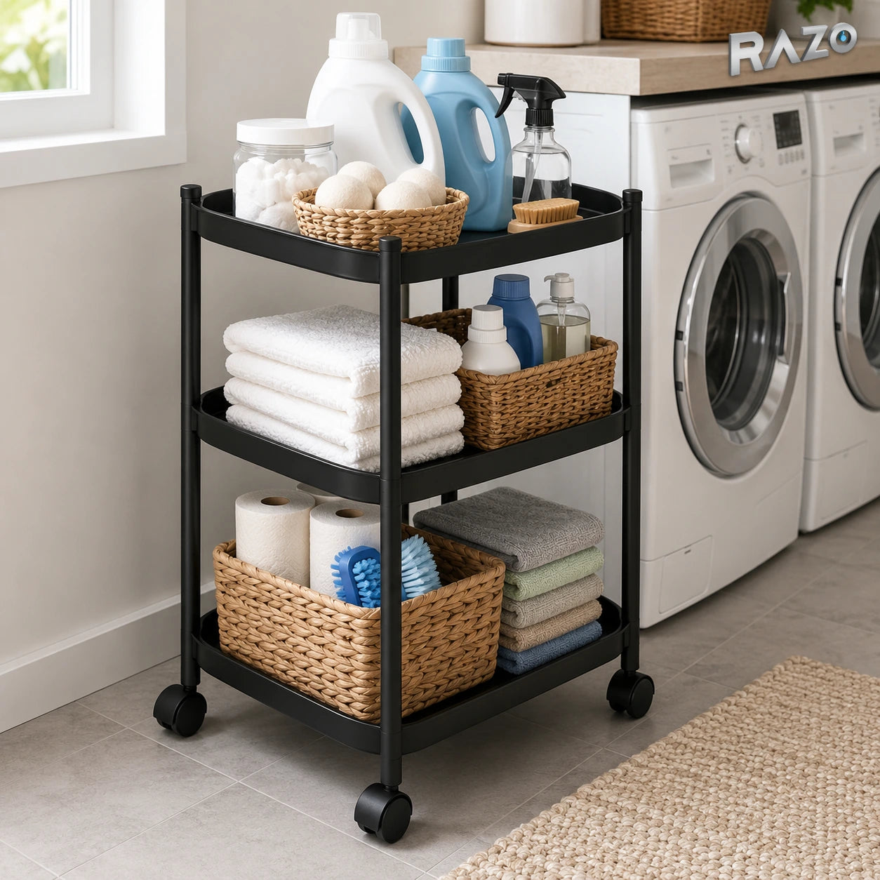 Măsuță organizatoare mobilă RAZO din plastic, 3 niveluri, cu roți cu frână, 83 × 38,5 × 38,5 cm,  Negru