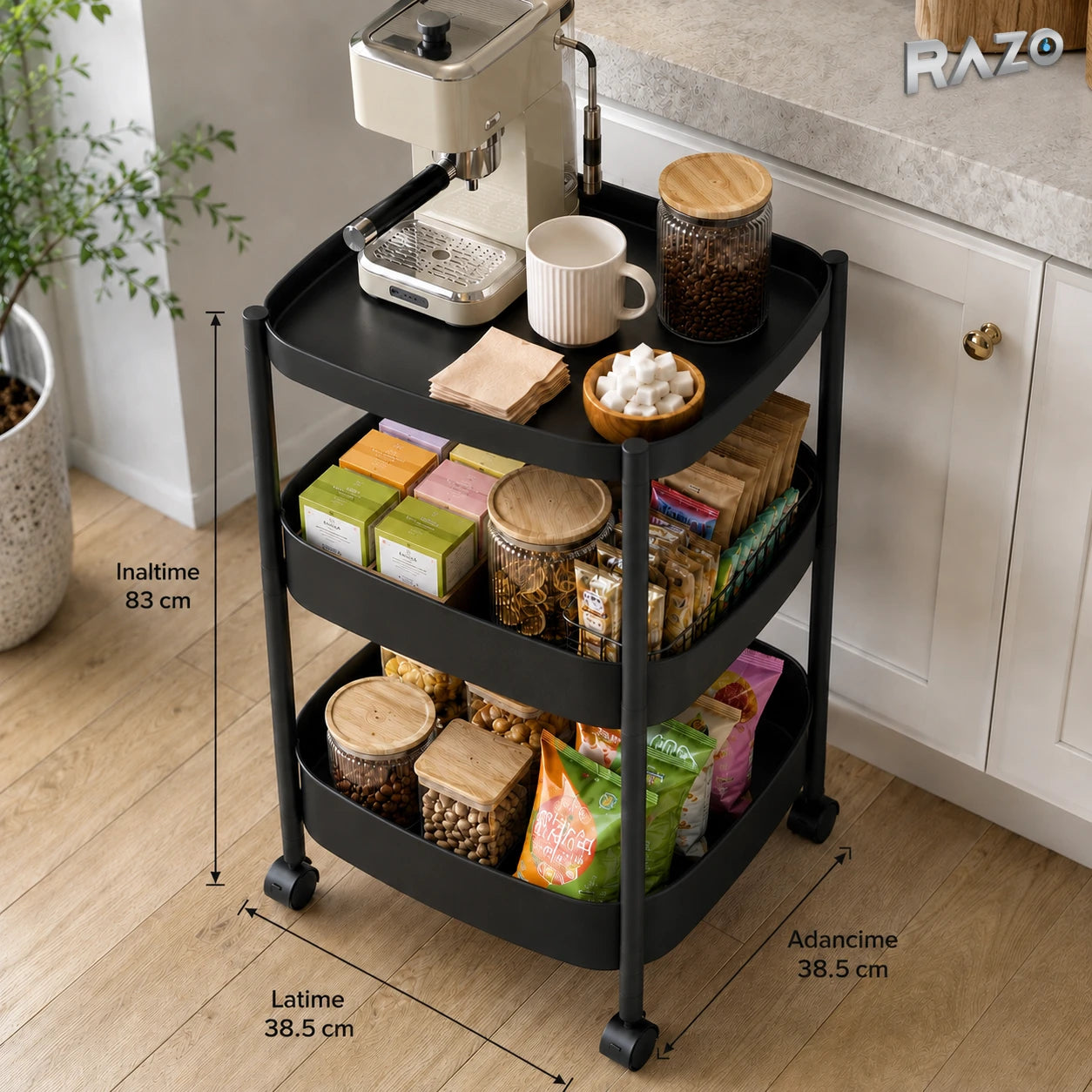 Măsuță organizatoare mobilă RAZO din plastic, 3 niveluri, cu roți cu frână, 83 × 38,5 × 38,5 cm,  Negru