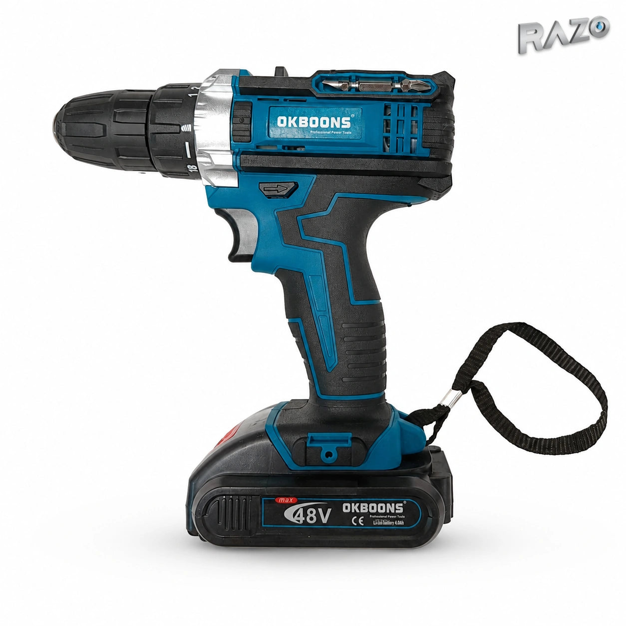 Trusă bormașină portabilă RAZO, 48V Max, 2 acumulatori și trusă de accesorii