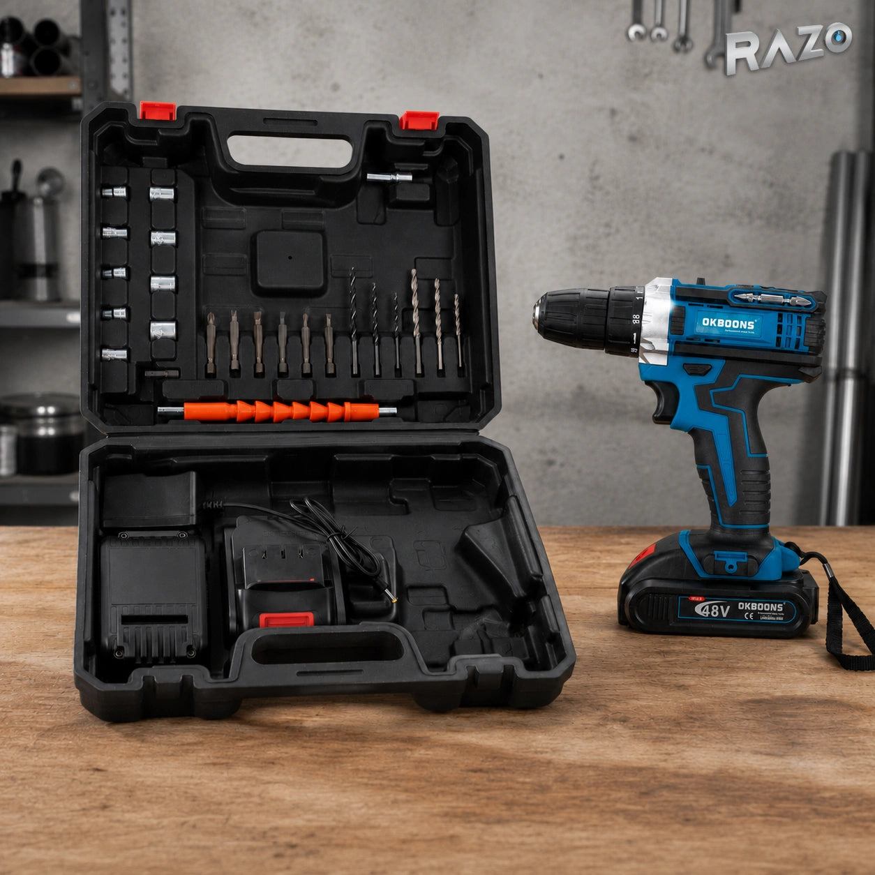 Trusă bormașină portabilă RAZO, 48V Max, 2 acumulatori și trusă de accesorii