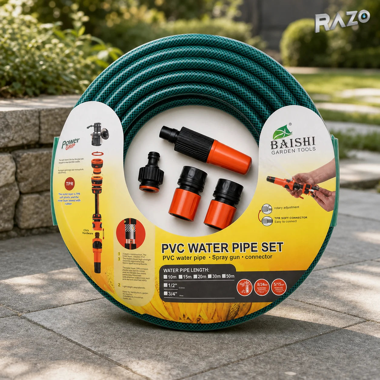 Furtun de grădină BAISHI din PVC armat, 20 m, verde, cu pistol și conectori - imagine produs 2