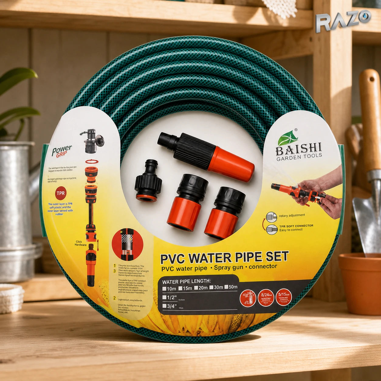 Furtun de grădină BAISHI din PVC armat, 20 m, verde, cu pistol și conectori - imagine produs 4
