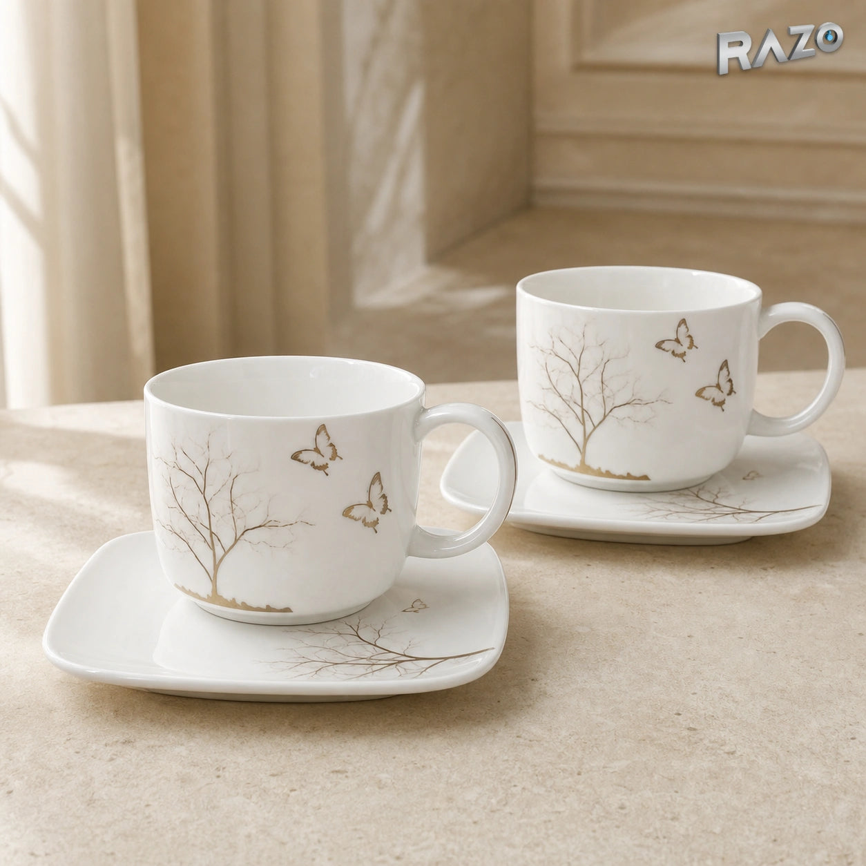 Set de 2 cești cu 2 farfurioare MALLOOKI Lifetree din porțelan cu motiv arbore și fluturi - imagine produs 1
