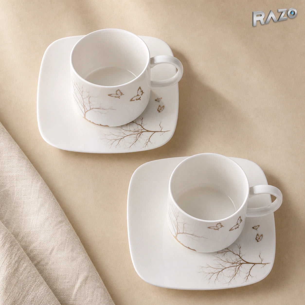 Set de 2 cești cu 2 farfurioare MALLOOKI Lifetree din porțelan cu motiv arbore și fluturi - imagine produs 2