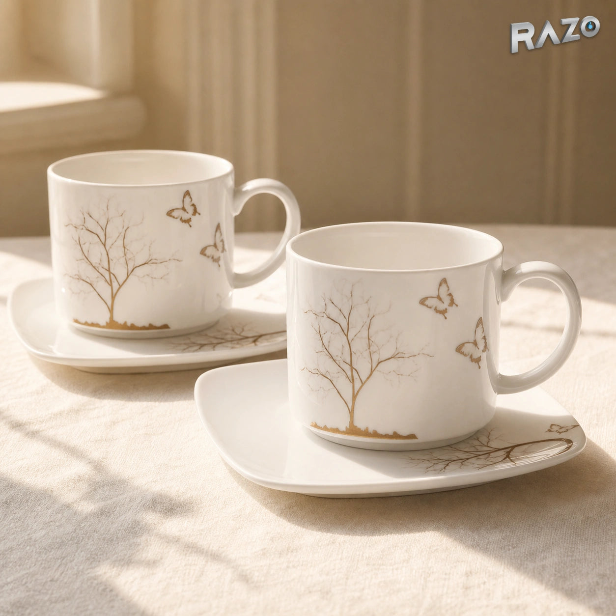 Set de 2 cești cu 2 farfurioare MALLOOKI Lifetree din porțelan cu motiv arbore și fluturi - imagine produs 4