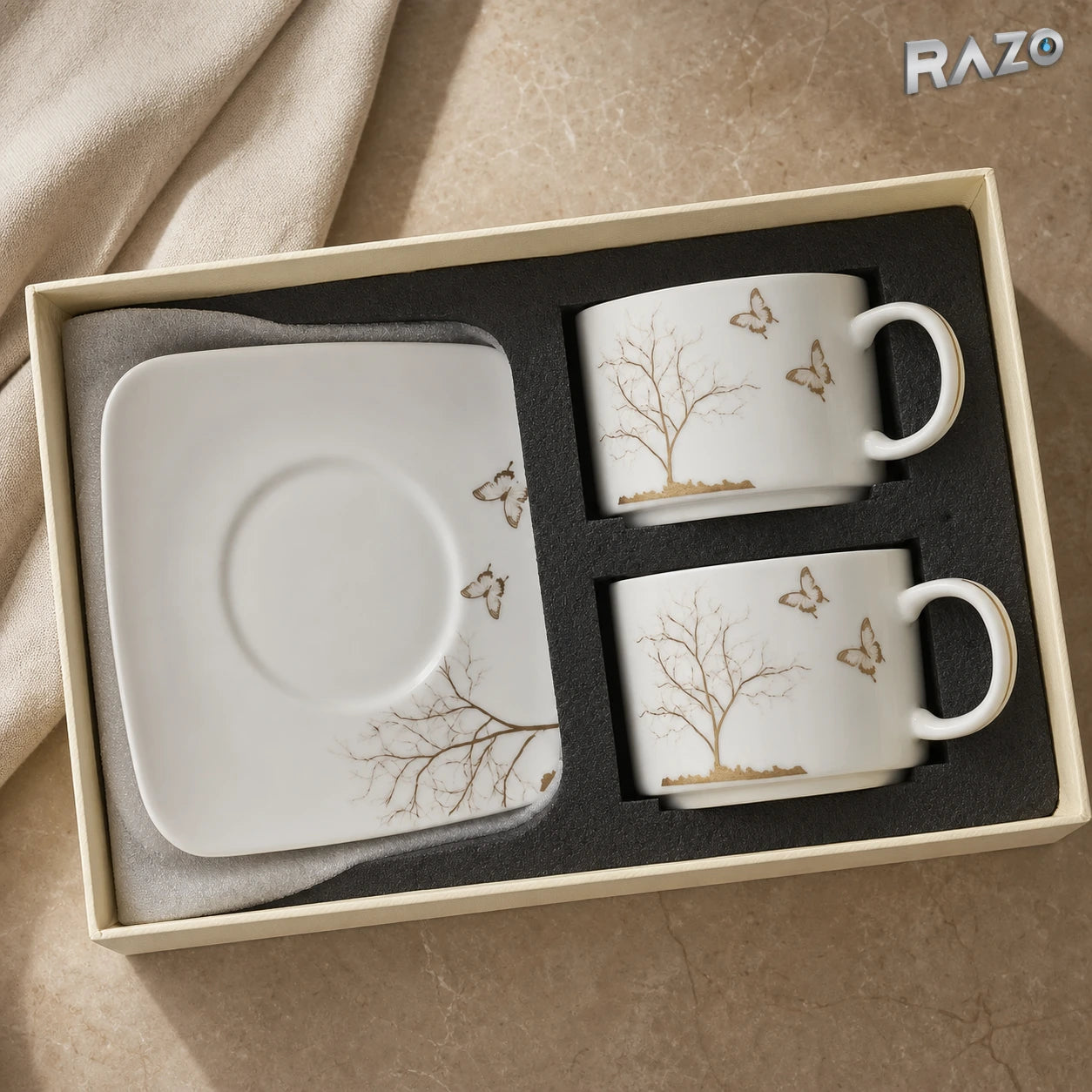 Set de 2 cești cu 2 farfurioare MALLOOKI Lifetree din porțelan cu motiv arbore și fluturi - imagine produs 7