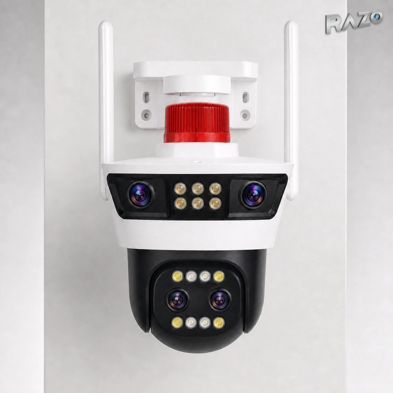 Cameră de supraveghere Wi‑Fi RAZO RAZZ-0789, 4 lentile, PTZ, IP66, alb-negru - imagine produs 1