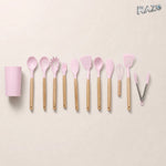 Set 12 piese ustensile de bucătărie din silicon RAZO, cu suport, Roz
