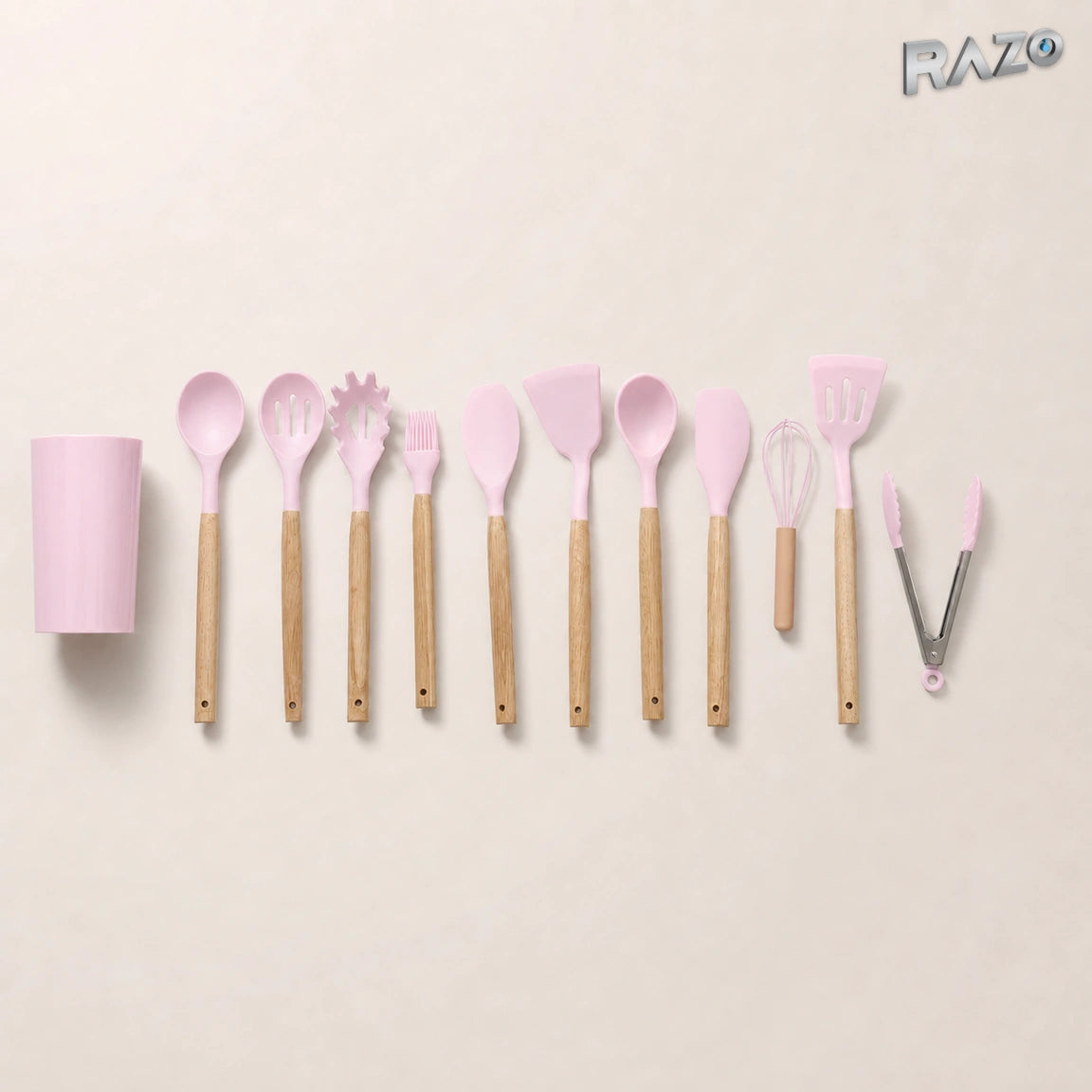 Set 12 piese ustensile de bucătărie din silicon RAZO, cu suport, Roz